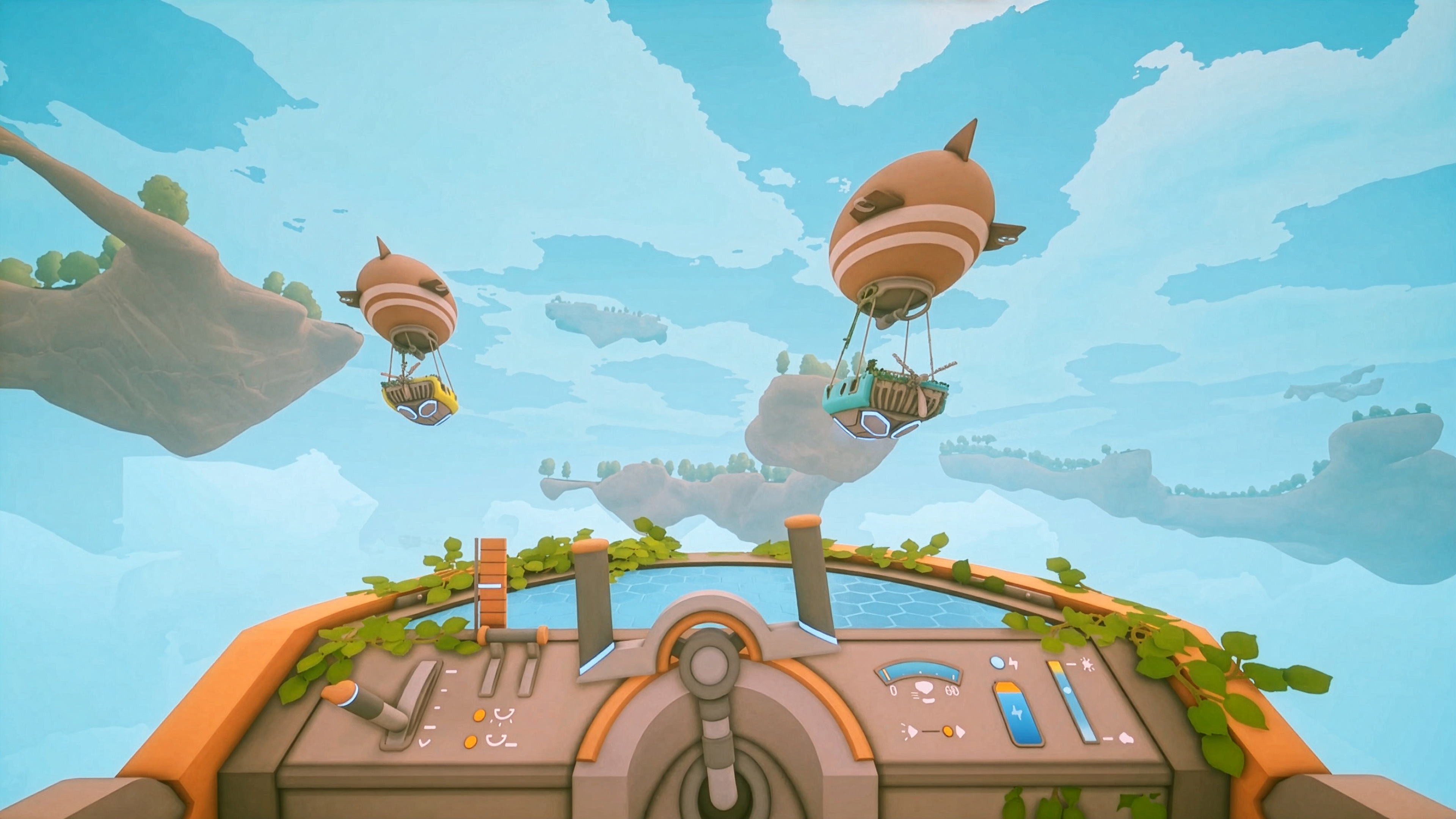 Solarpunk airship cockpit facing floating islands