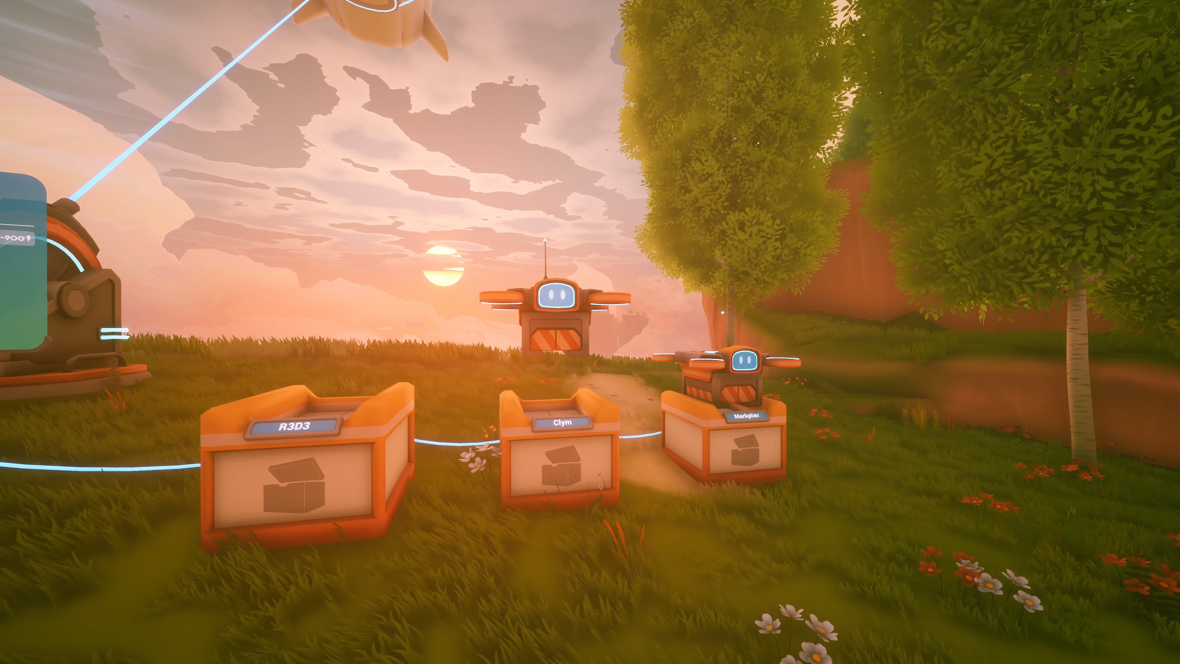 Solarpunk transport drones moving resources near storage crates
